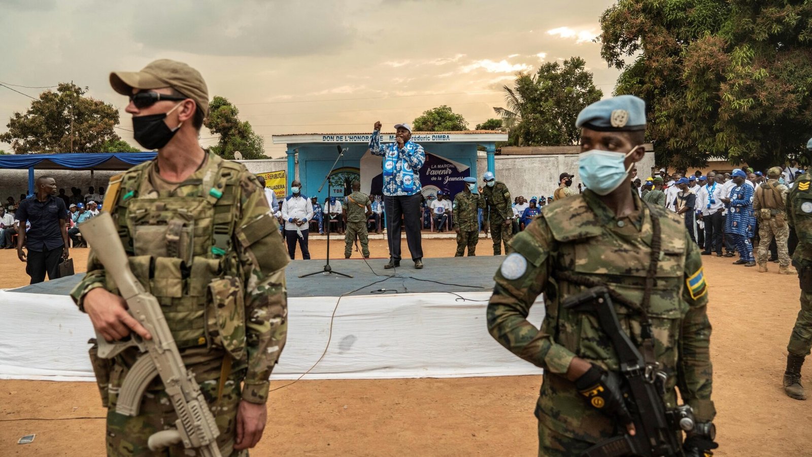 A security officer (left) believed to work for Wagner guards a campaign rally for Faustin-Archange Touadera, president of the Central African Republic, in Bangui in December 2020. Source: Washington Post